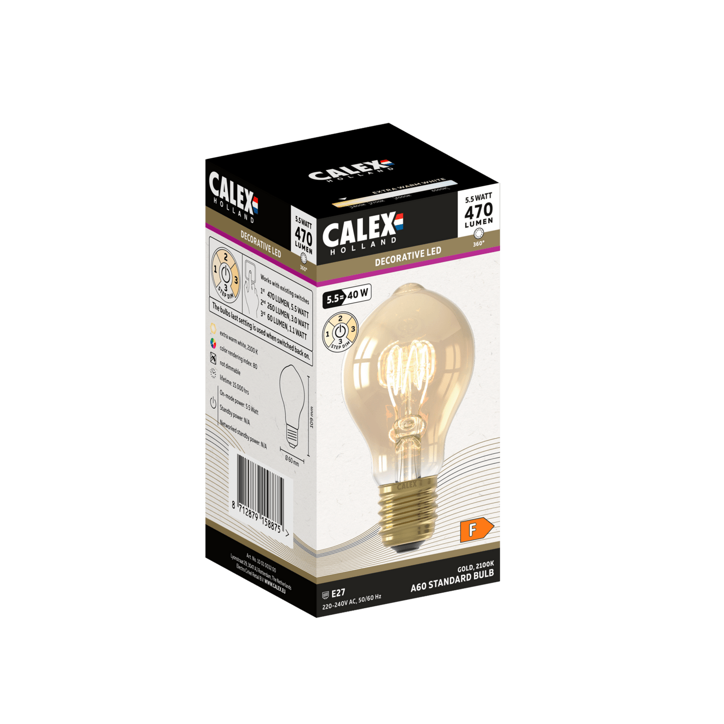 Calex Flex Filament LED Lamp - E27 -A60- Gold - 5.5W - 3 step dimming