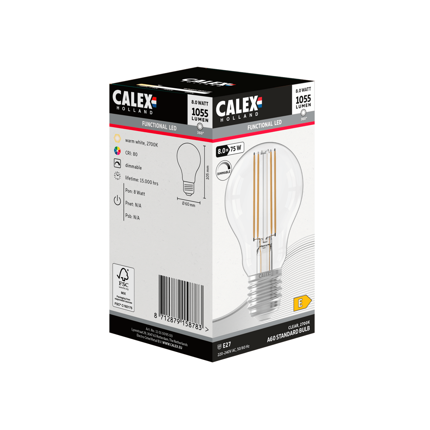 Calex Filament LED Lamp - E27 - A60 - Clear - 8W - Dimmable