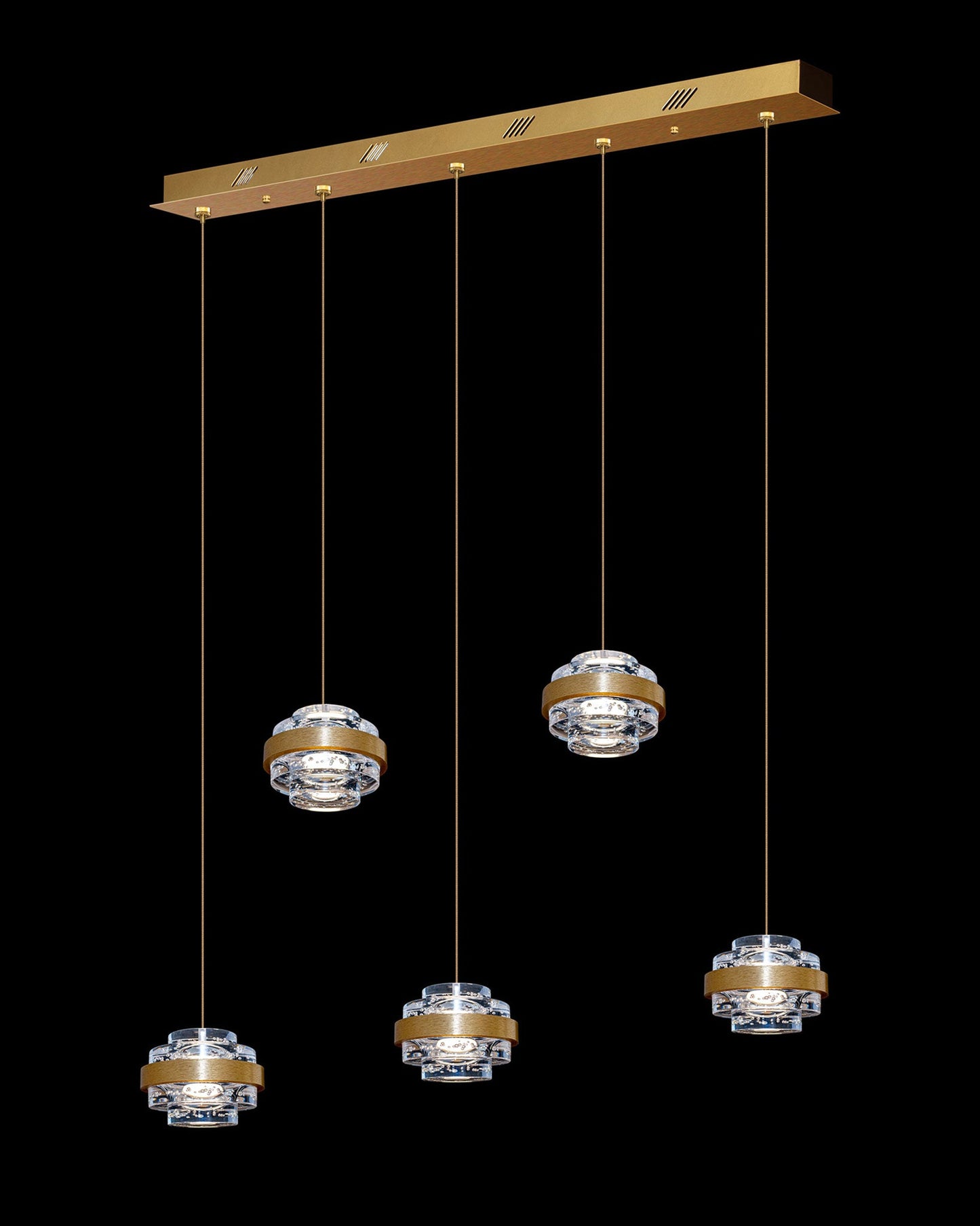 Geo LED 5Lt Bar Clear Pendant Brushed Gold Dimmable Light