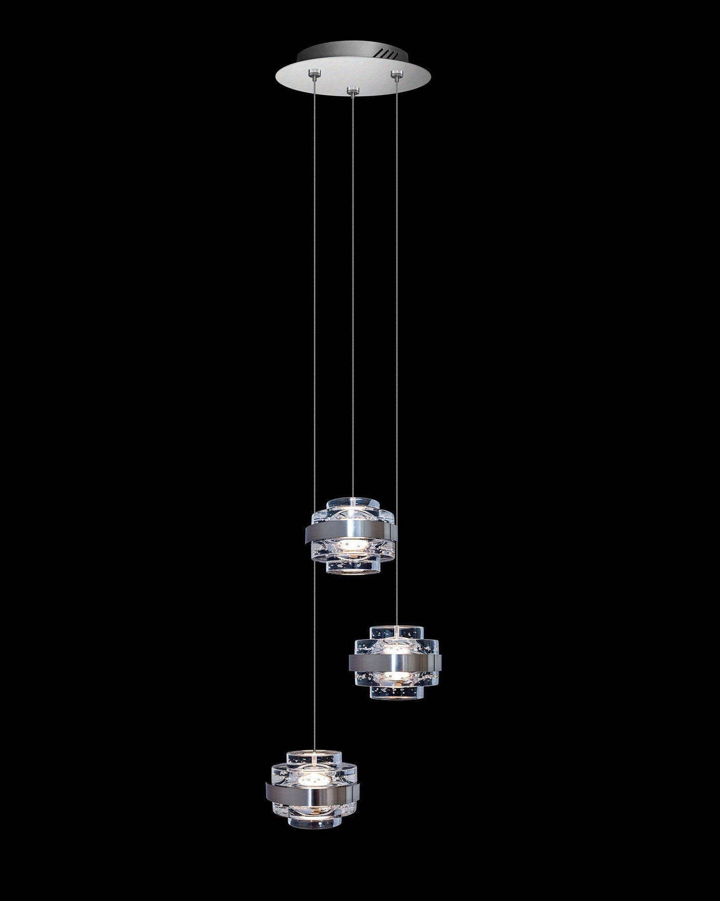 Geo LED 3Lt Round Clear Pendant Satin Nickel Dimmable Light