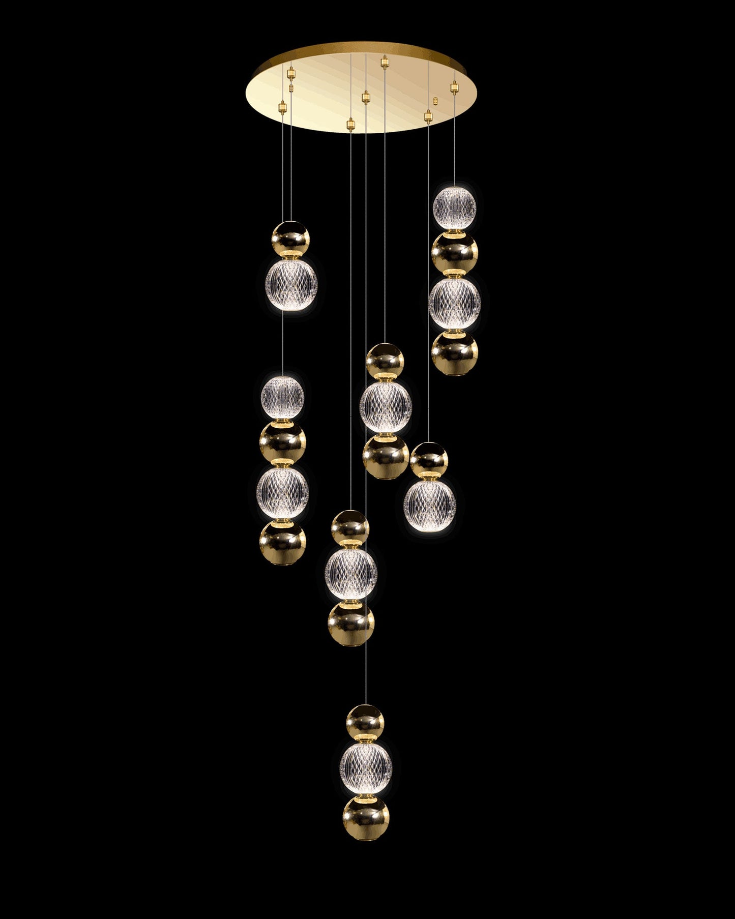 Diamante Embellished 7 Droplet Round Pendant Gold Light