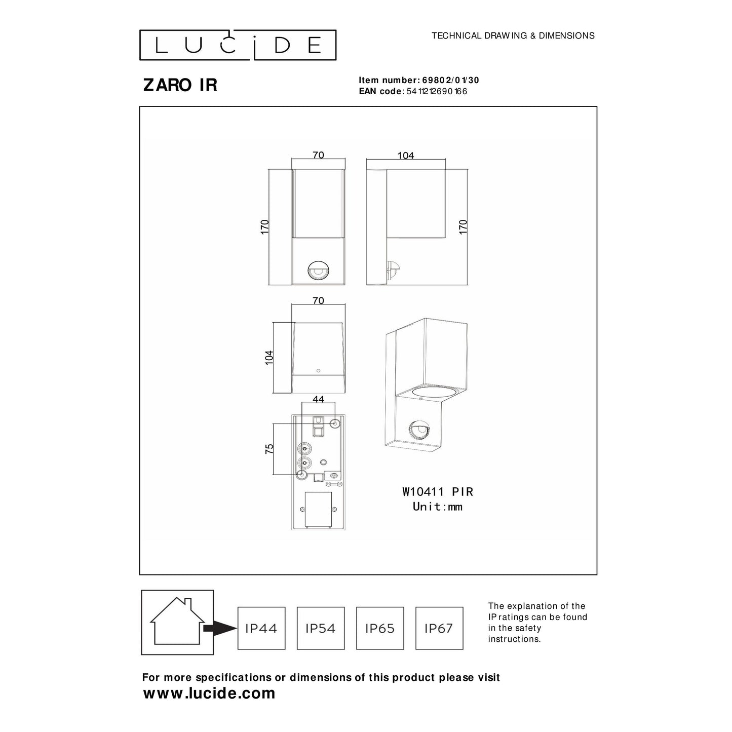 Lucide ZARO IR - Wall spotlight / Wall light Indoor/Outdoor - 1x GU10 - IP65 - Motion & Day/Night Sensor - Black