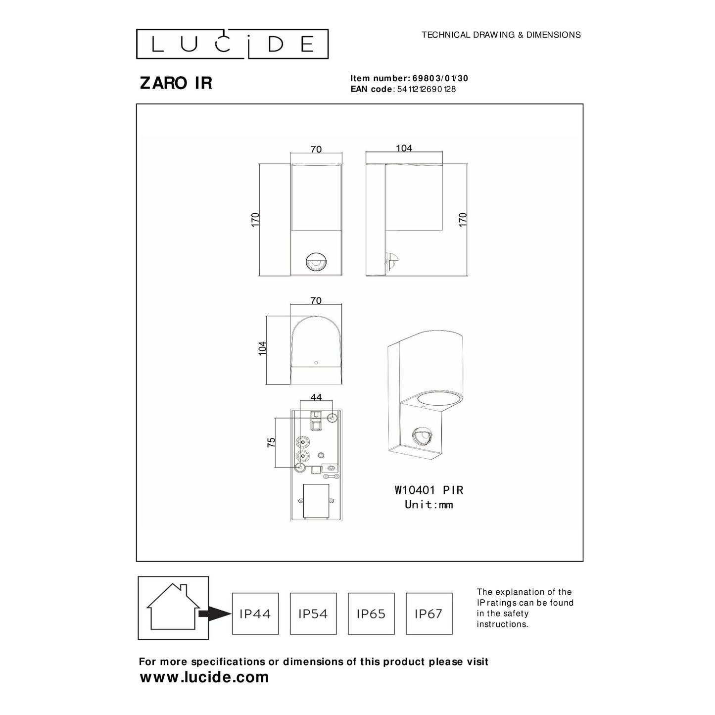 Lucide ZARO IR - Wall spotlight / Wall light Indoor/Outdoor - 1xGU10 - IP65 - Motion & Day/Night Sensor - Black