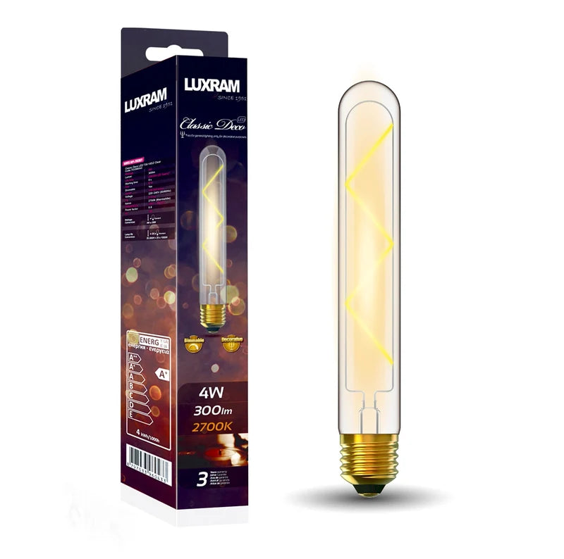Luxram Classic Deco LED 185mm Tubular E27 Dimmable 4W 2700K Warm White, 300lm, Clear Glass