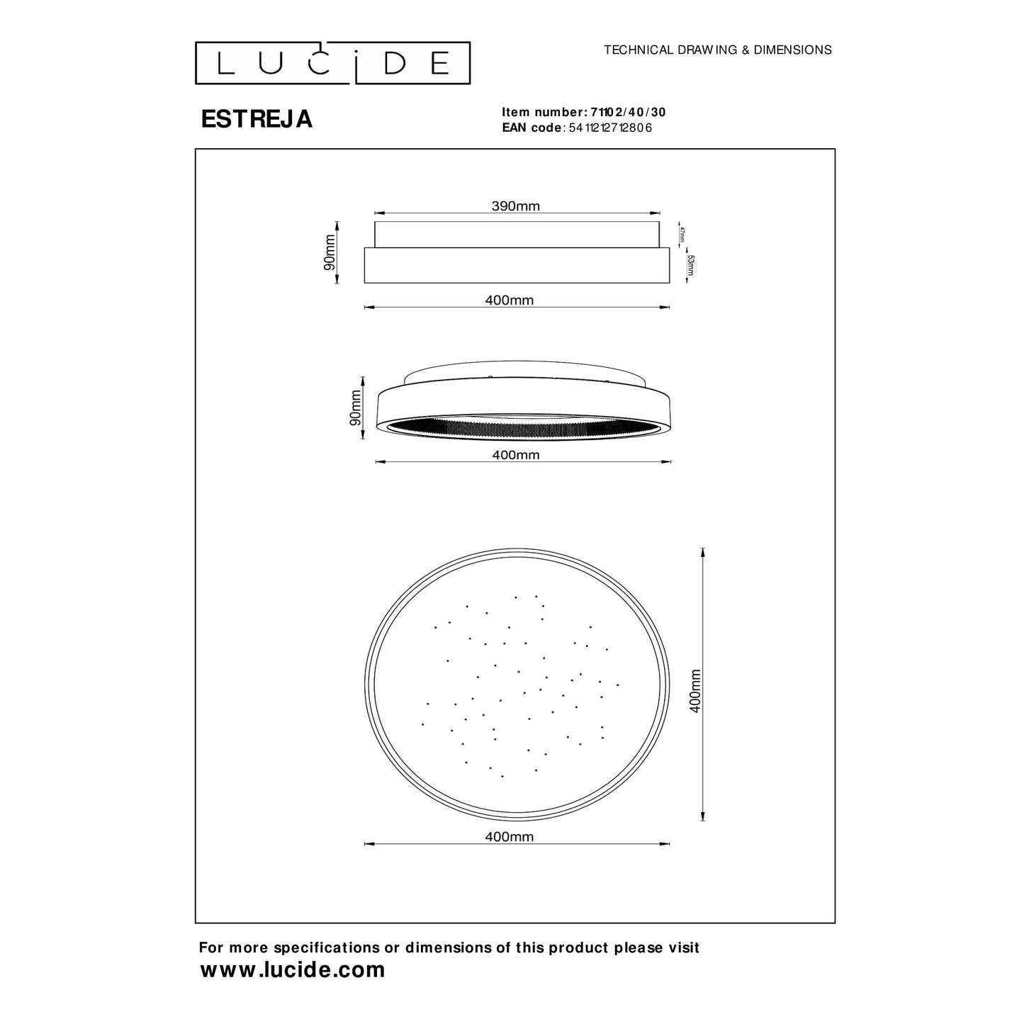 Lucide ESTREJA - Flush ceiling light - Ø 40 cm - LED Dim. - 2500K/3000K - Black