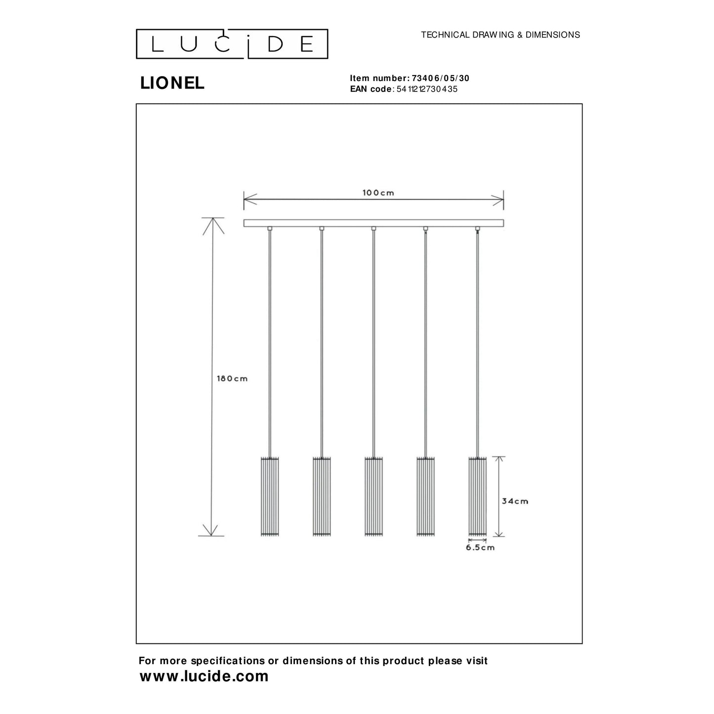 Lucide LIONEL - Pendant light - 5xE27 - Black
