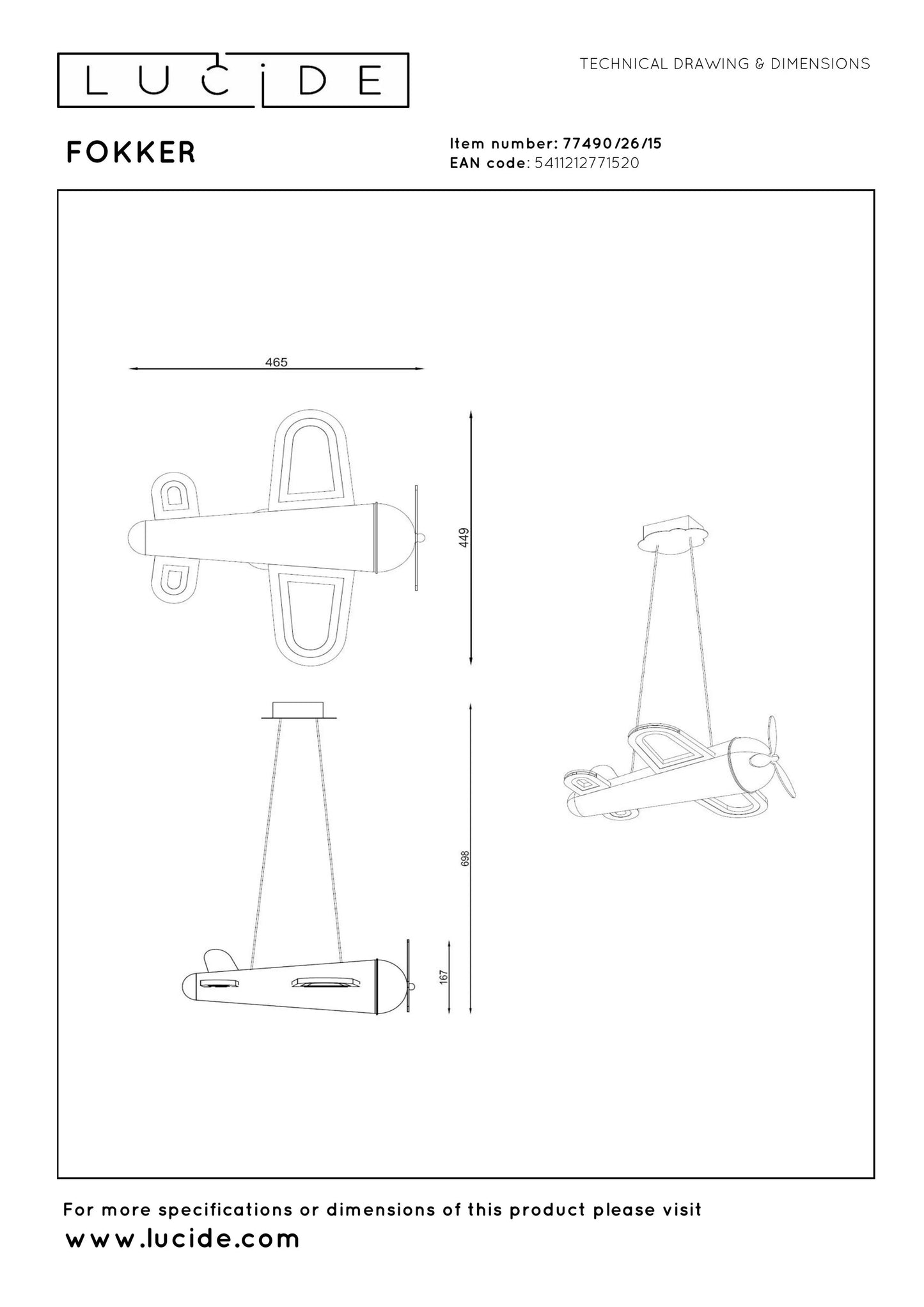 Lucide FOKKER - Pendant light Children - LED - 1x28W 2500K - Grey iron