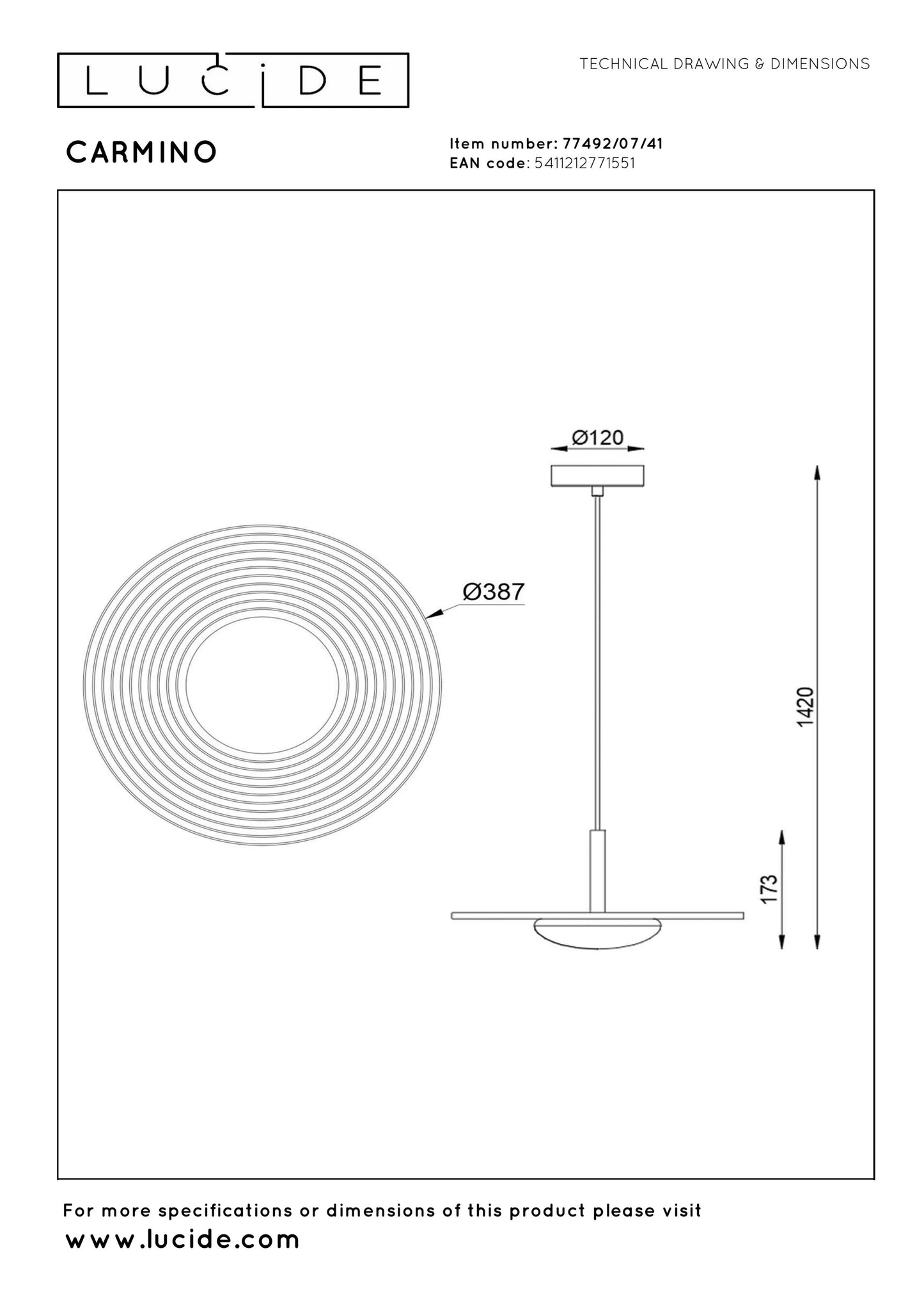 Lucide CARMINO - Pendant light - Ø 38,7 cm - LED - 1x8W 2700K - Taupe | Essential