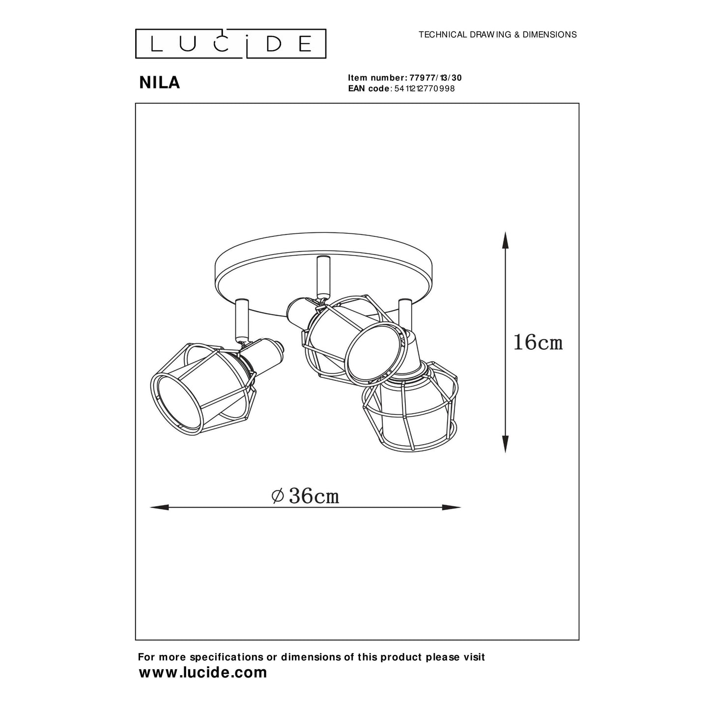 Lucide NILA - Ceiling spotlight - Ø 36 cm - 3xE14 - Black