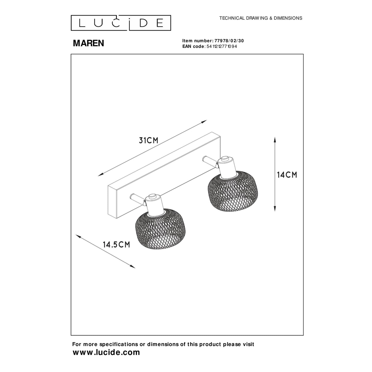 Lucide MAREN - Ceiling spotlight - 2xE14 - Black