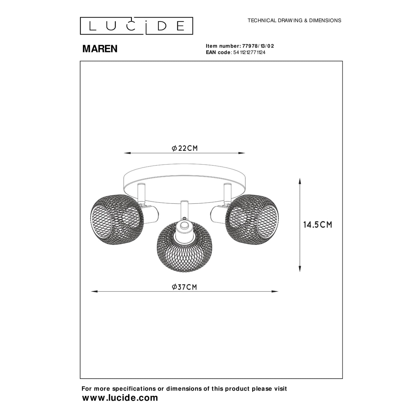 Lucide MAREN - Ceiling spotlight - Ø 37 cm - 3xE14 - Matt Gold / Brass