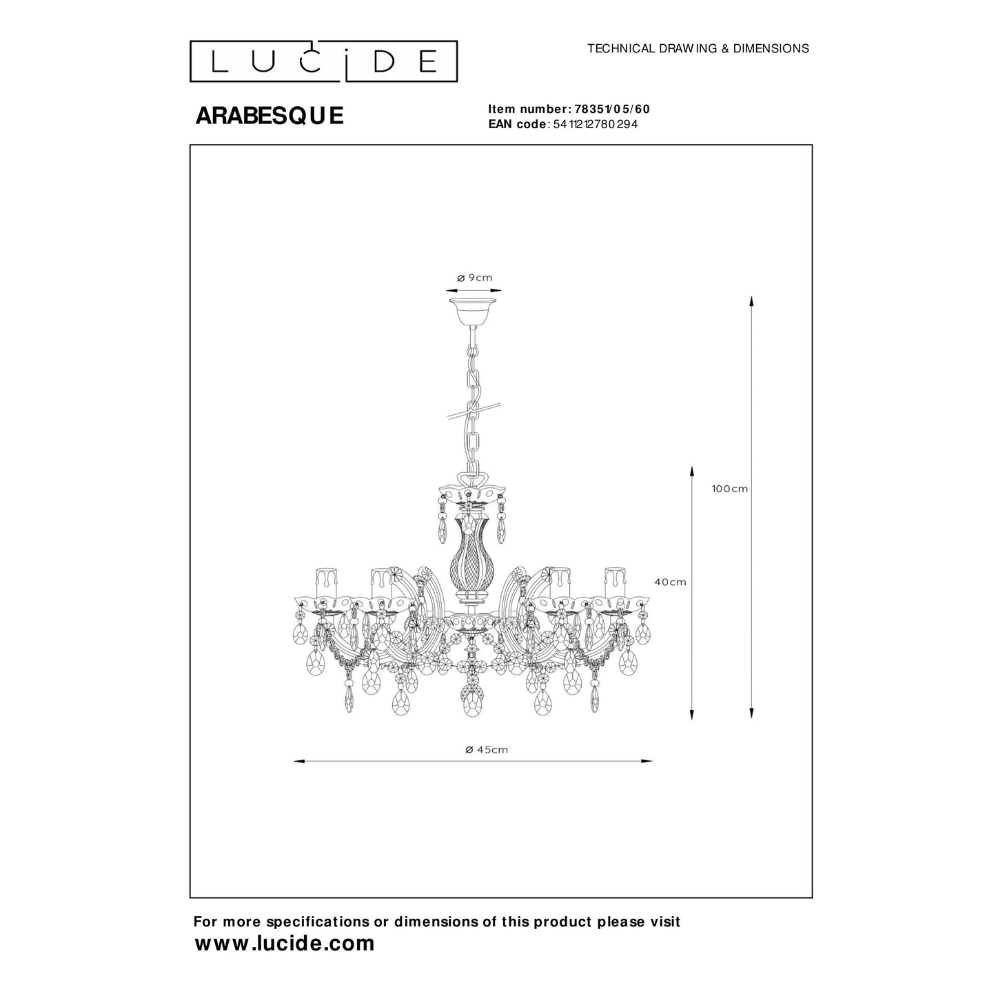 Lucide ARABESQUE - Chandelier - Ø 45 cm - 5xE14 - Transparant