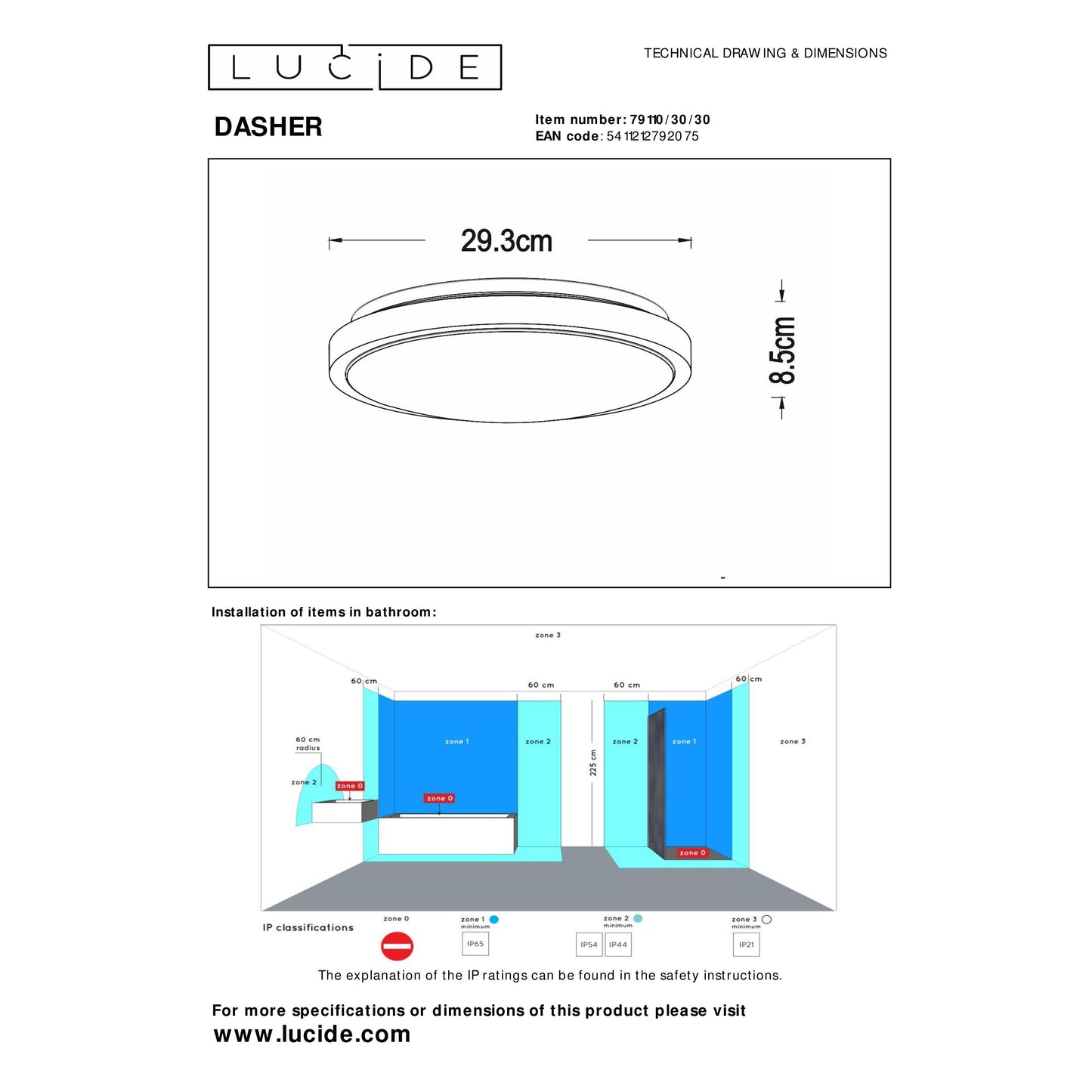 Lucide DASHER - Flush ceiling light Bathroom - Ø 29,3 cm - LED - 1x12W 2700K - IP44 - Motion & Day/Night Sensor - Black