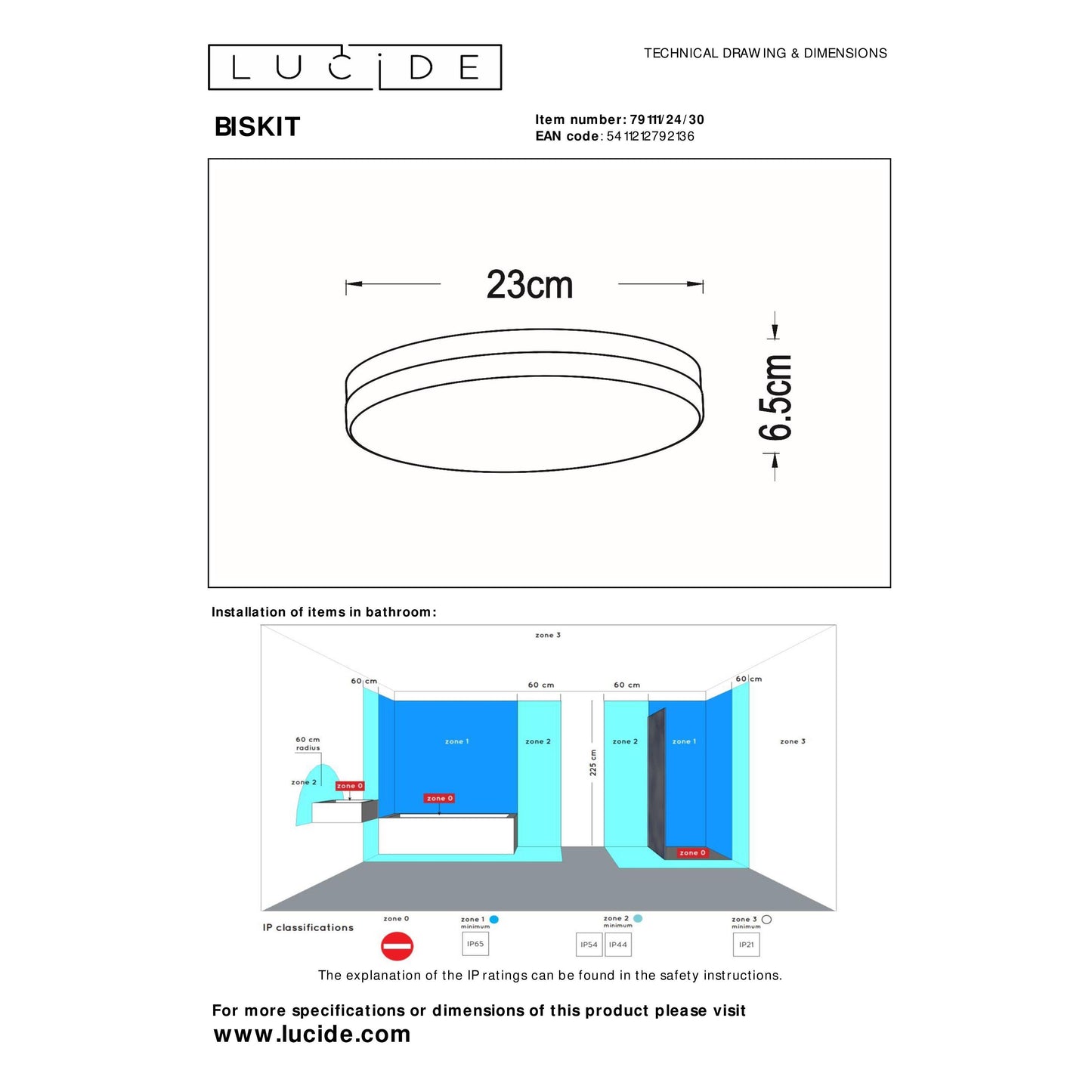 Lucide BISKIT - Flush ceiling light Bathroom - Ø 23 cm - LED - 1x12W 2700K - IP44 - Motion & Day/Night Sensor - Black