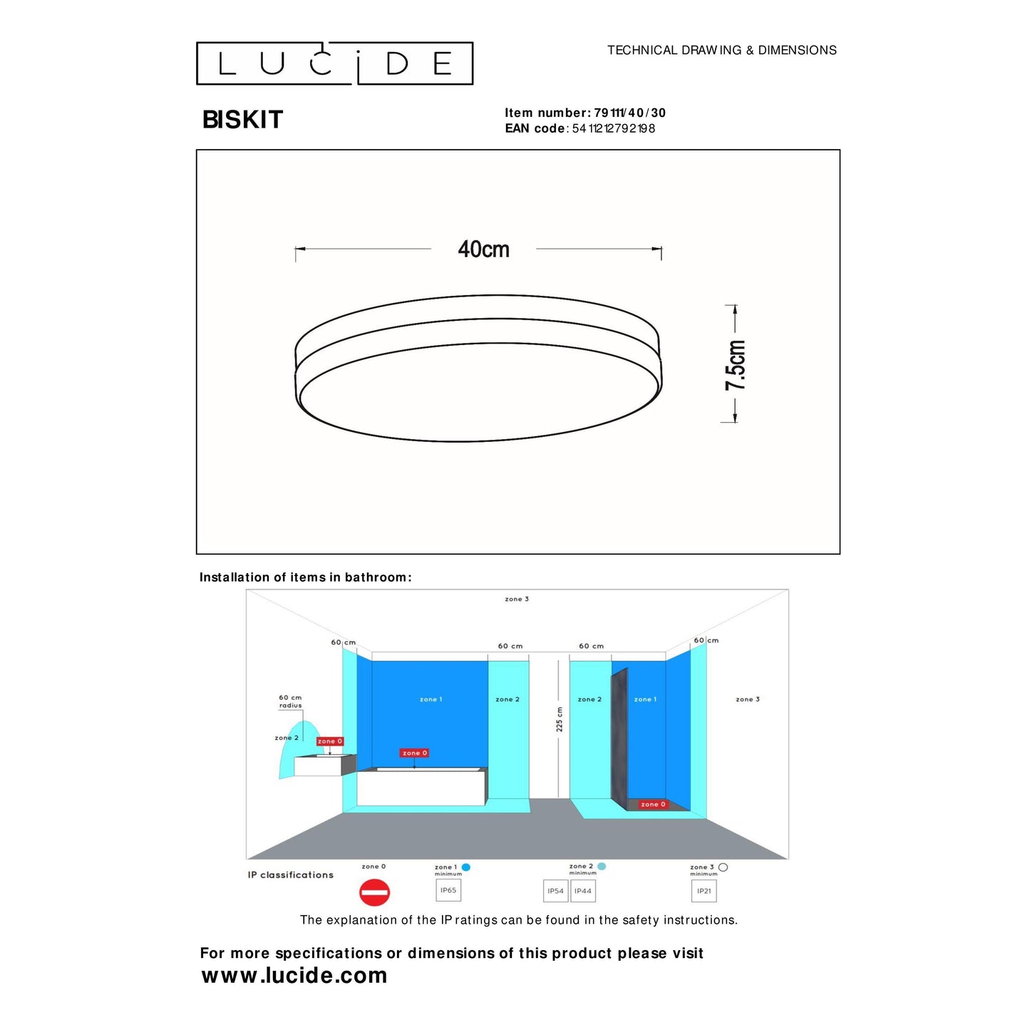 Lucide BISKIT - Flush ceiling light Bathroom - Ø 40 cm - LED - 1x36W 2700K - IP44 - Motion & Day/Night Sensor - Black