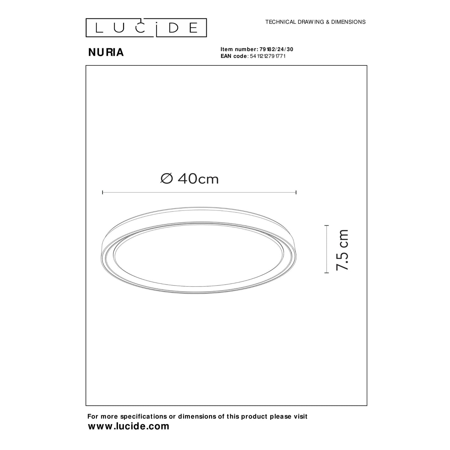Lucide NURIA - Flush ceiling light - Ø 40 cm - LED Dim. - 1x24W 2700K - 3 StepDim - Black