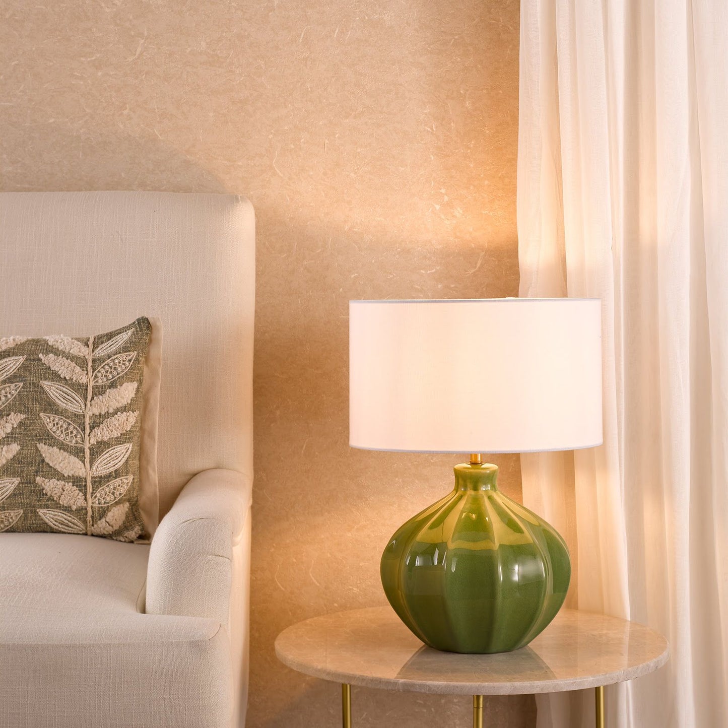 Amrita Ceramic Table Lamp Green and Antique Brass With Shade