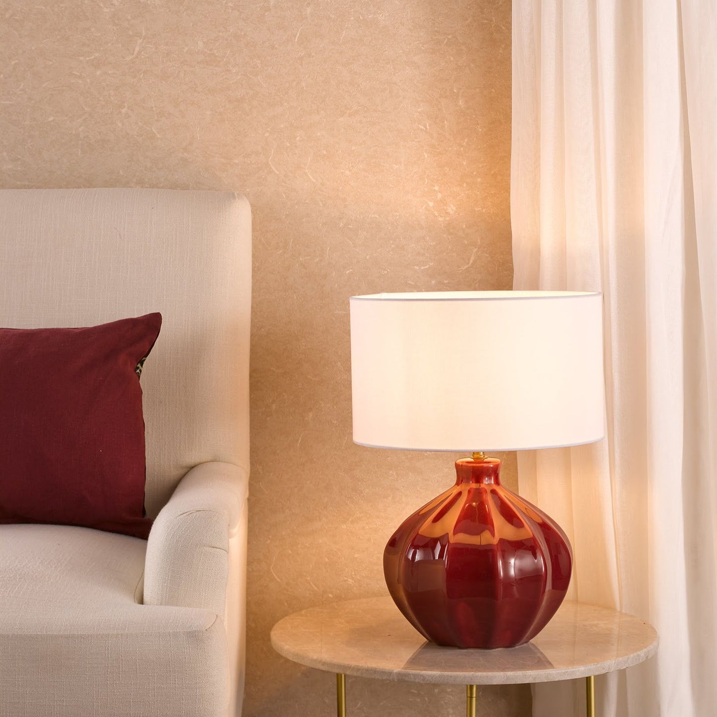 Amrita Ceramic Table Lamp Red and Antique Brass With Shade
