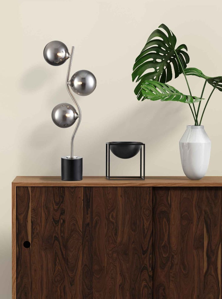 Cosmic Table lamp satin nickel with smoked glass