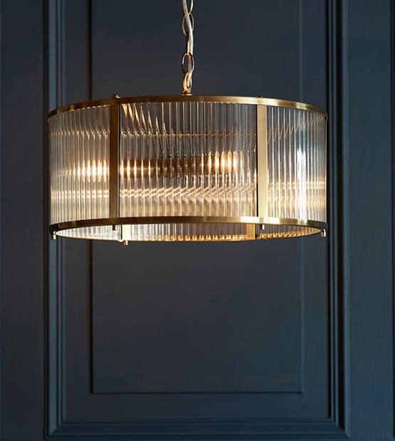 Bridgetown- Antique Brass & Clear Ribbed Glass 3lt Pendant