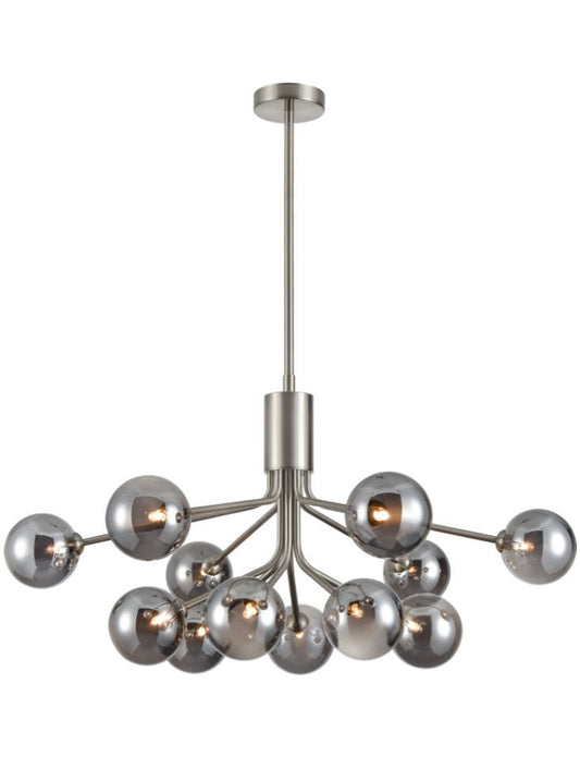 Cosmic 12 light pendant in satin nickel with smoked glass