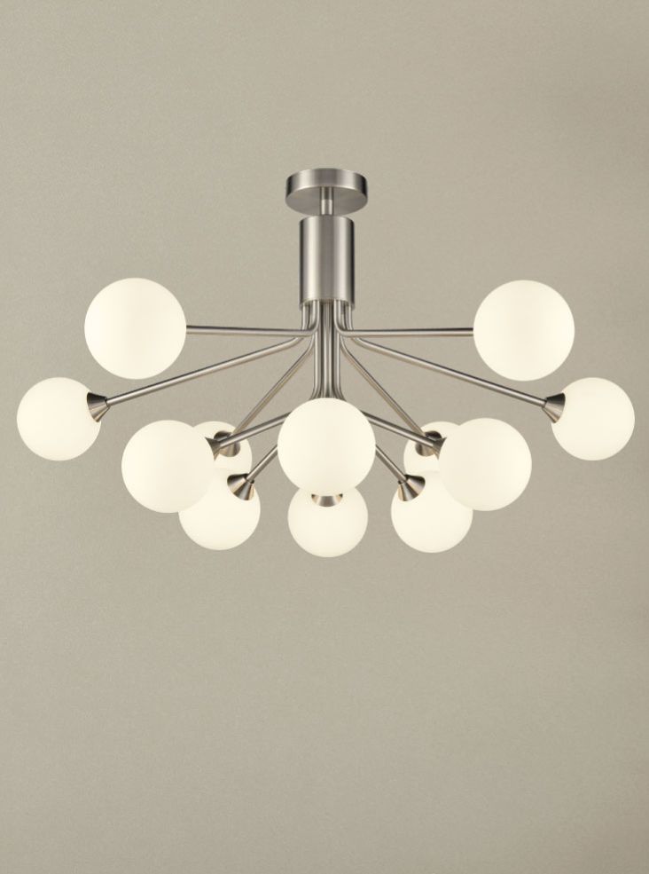 Cosmic 12 light pendant in satin nickel with matt opal glass