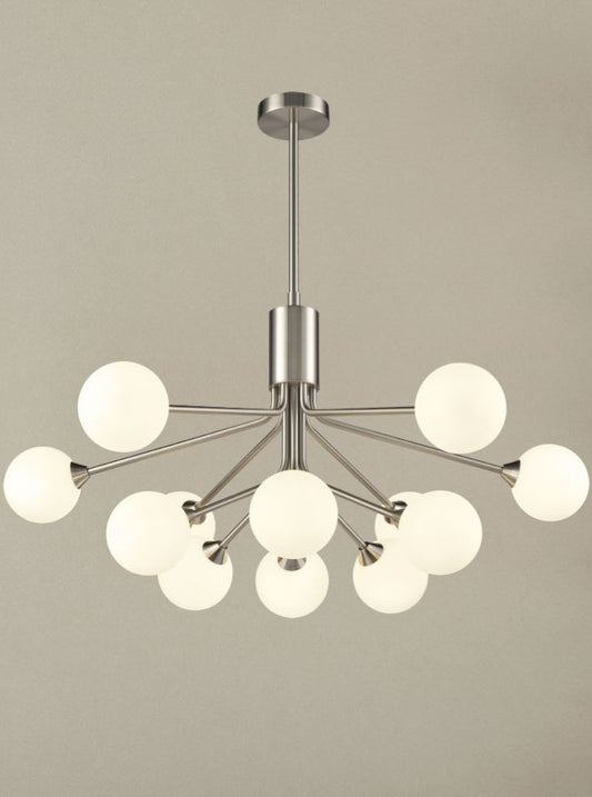 Cosmic 12 light pendant in satin nickel with matt opal glass
