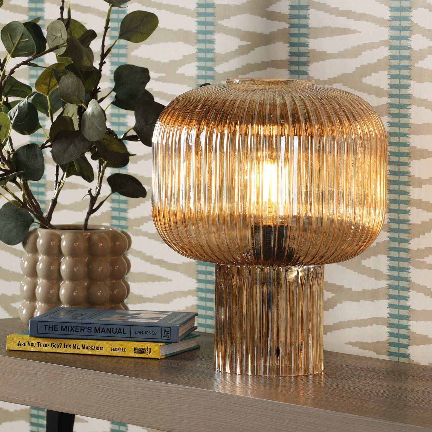Demarius Table Lamp Amber Ribbed Glass