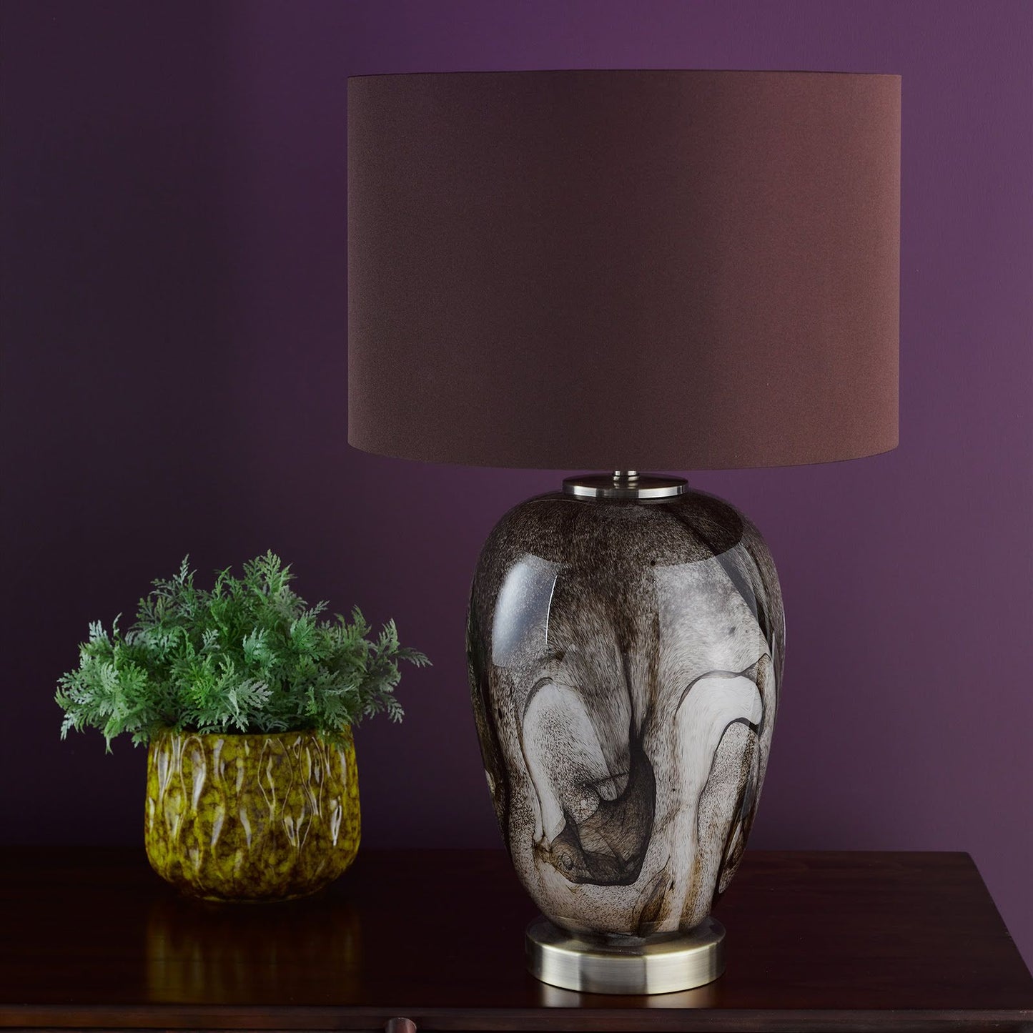 Egas Table Lamp Brown Marble Effect Glass and Antique Brass With Shade