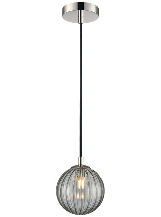 Globe Pendant Polished Nickel with Smoked Ribbed Glass