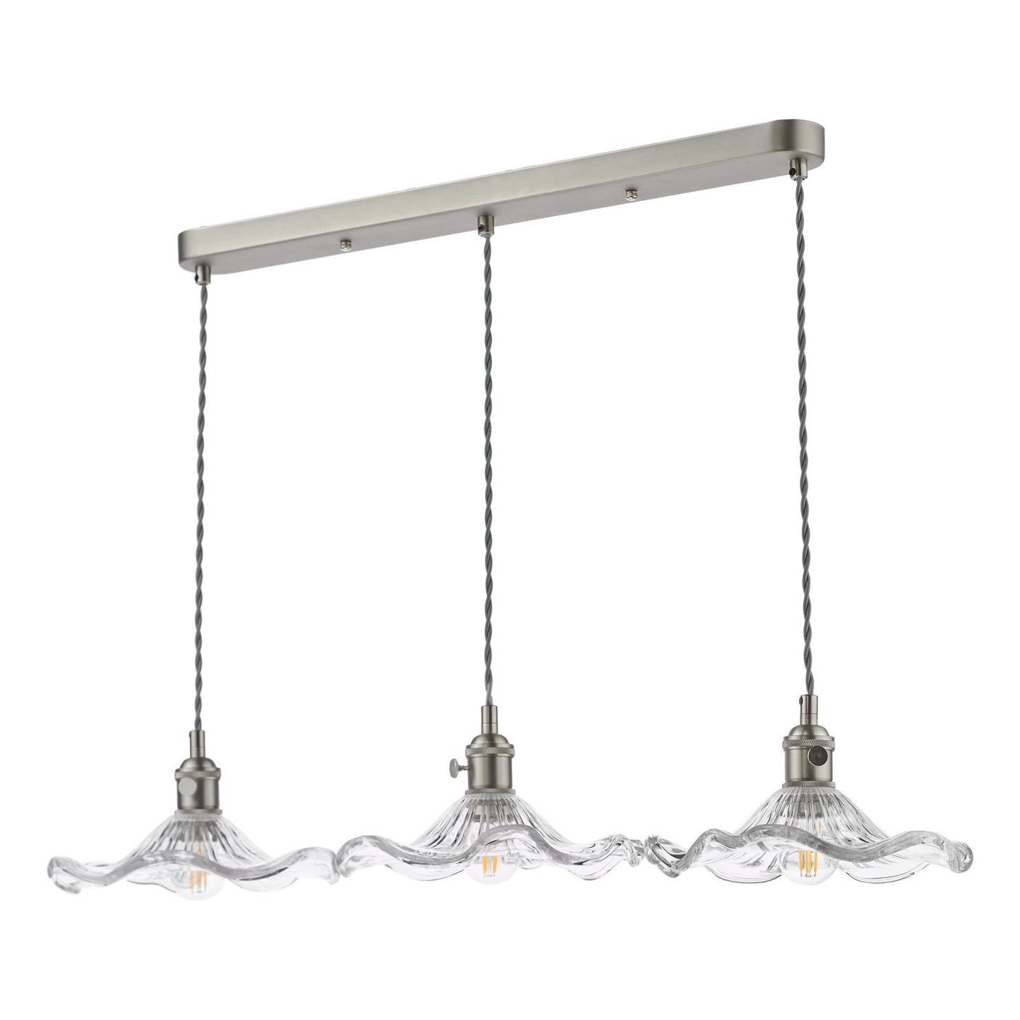 Hadano 3 Light Bar Pendant Antique Chrome and Wavy Glass