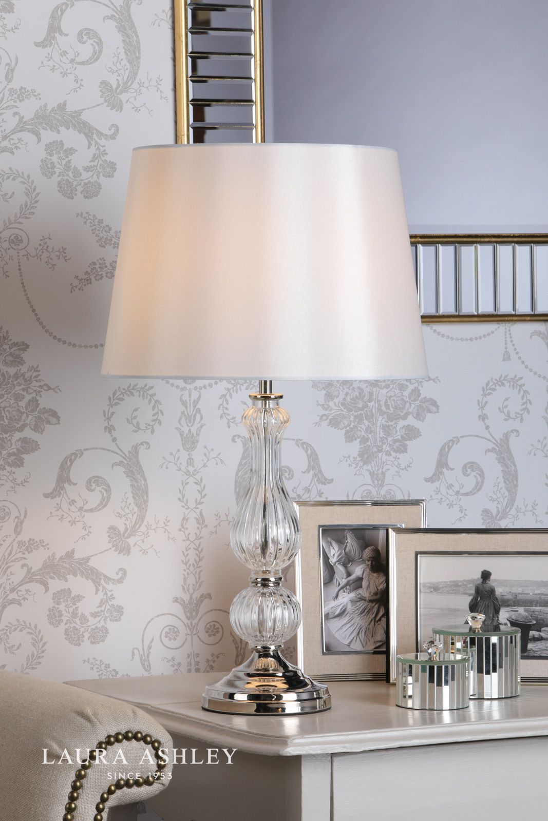 Laura Ashley Bradshaw Table Lamp Polished Nickel & Ribbed Glass With Shade
