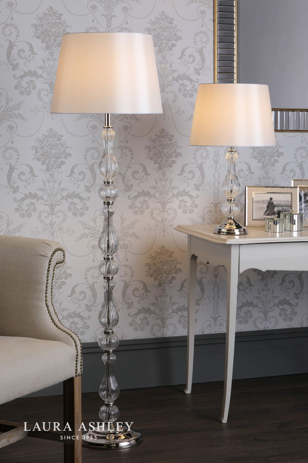 Laura Ashley Bradshaw Table Lamp Polished Nickel & Ribbed Glass With Shade