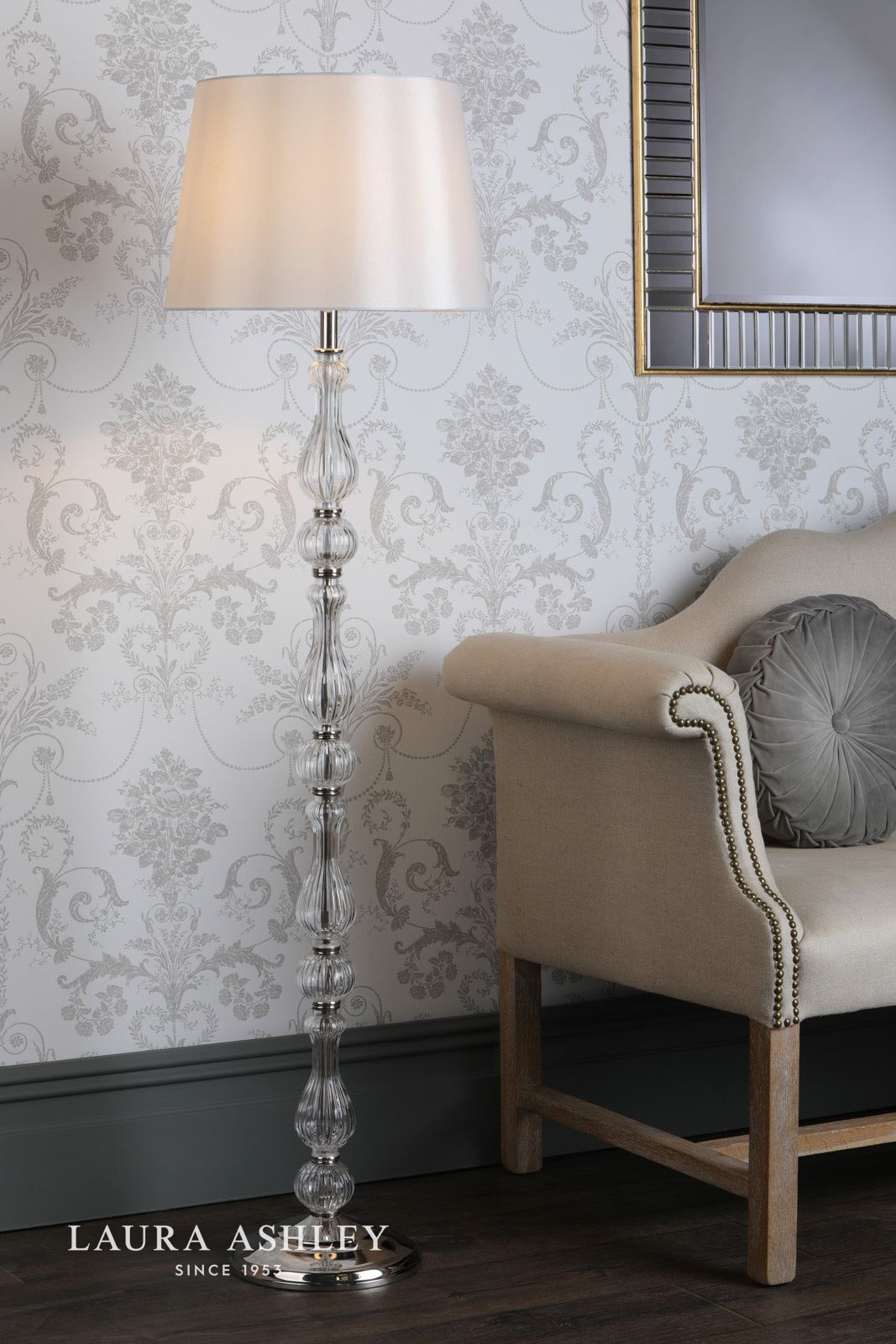 Laura Ashley Bradshaw Floor Lamp Polished Nickel & Ribbed Glass With Shade