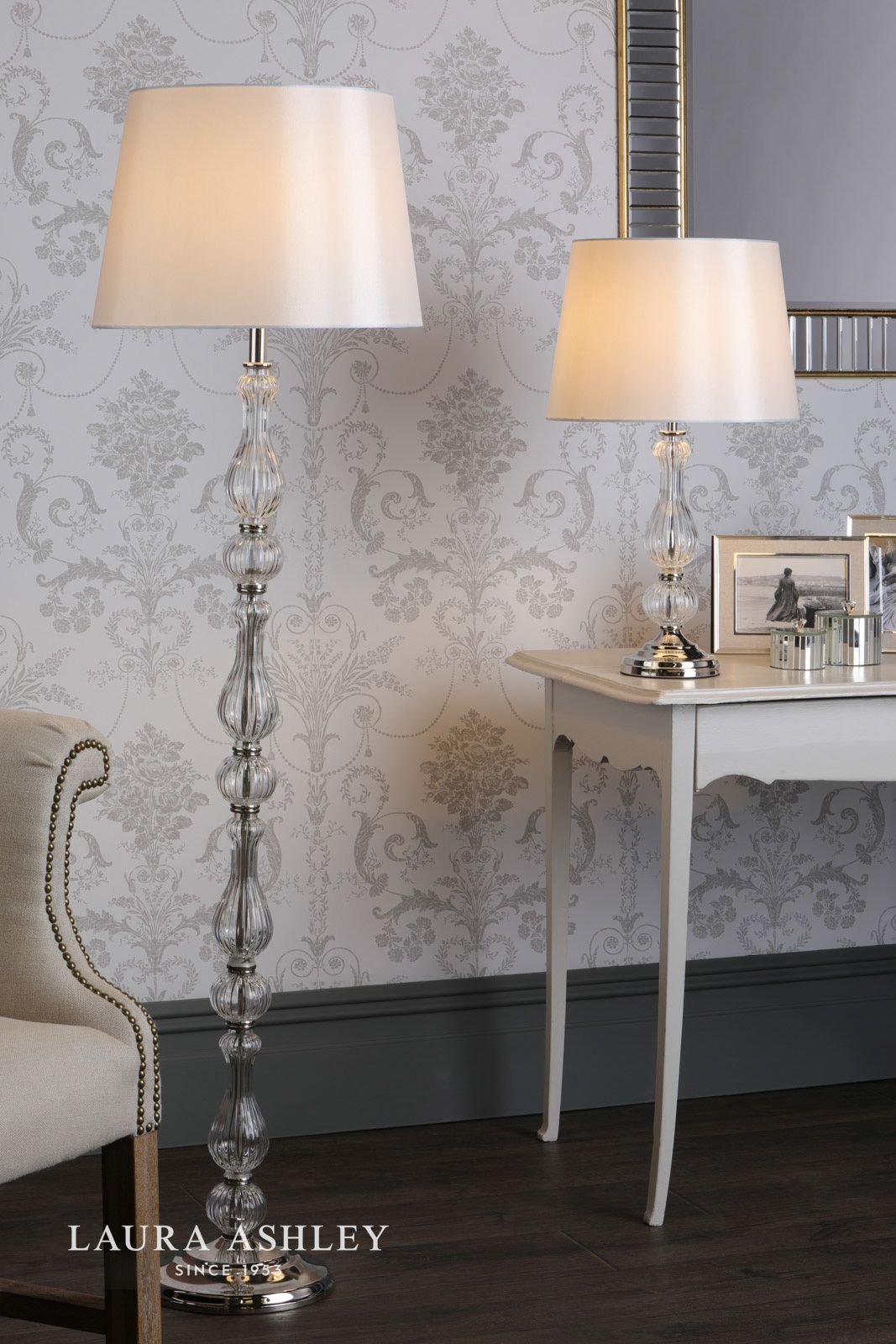 Laura Ashley Bradshaw Floor Lamp Polished Nickel & Ribbed Glass With Shade