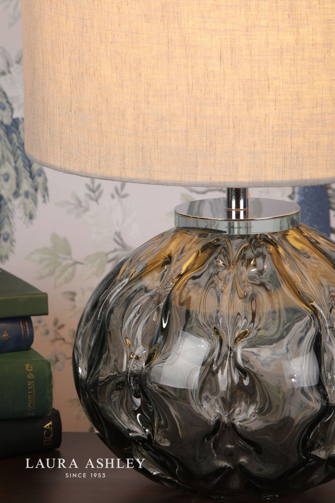 Laura Ashley Elderdale Table Lamp Smoked Glass & Polished Chrome With Shade