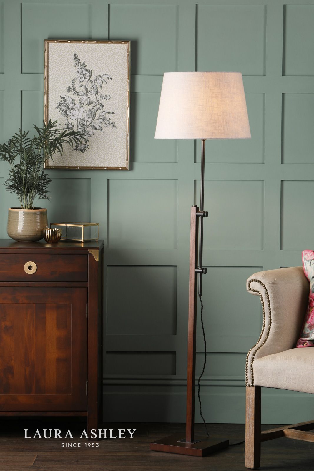 Laura Ashley Burdale Adjustable Floor Lamp Dark Wood & Industrial Brass Base Only