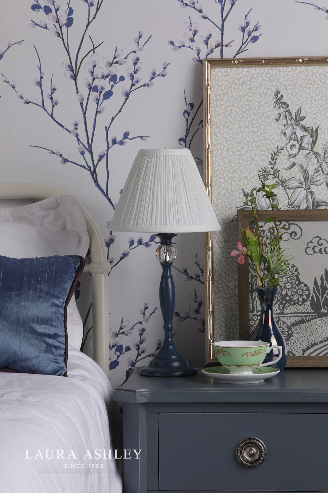 Laura Ashley Ellis Table Lamp Matt Blue & Crystal With Shade