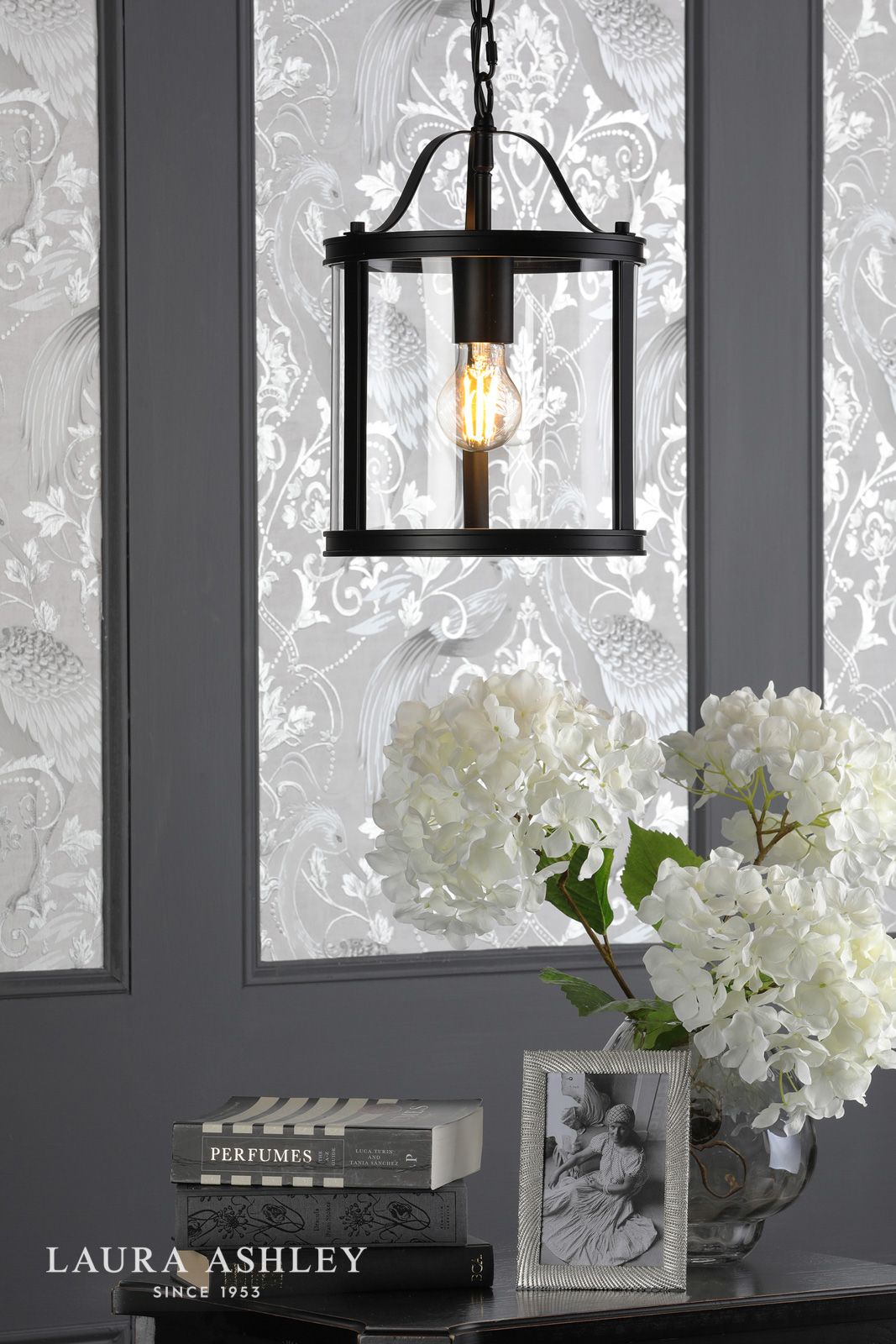 Laura Ashley Harrington Single Pendant Matt Black and Glass