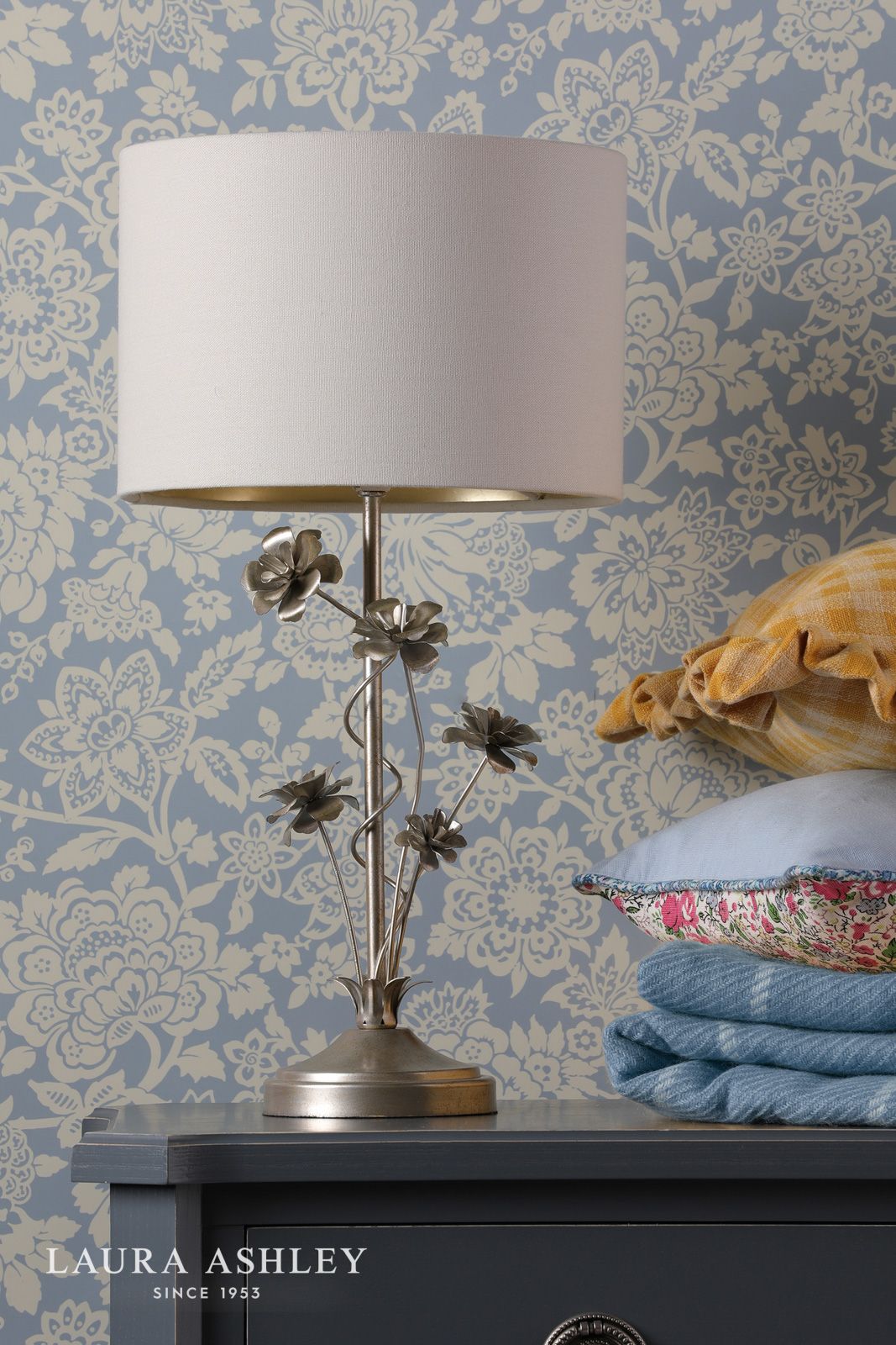 Laura Ashley Lyndale Table Lamp Distressed Silver Leaf and Cream With Shade