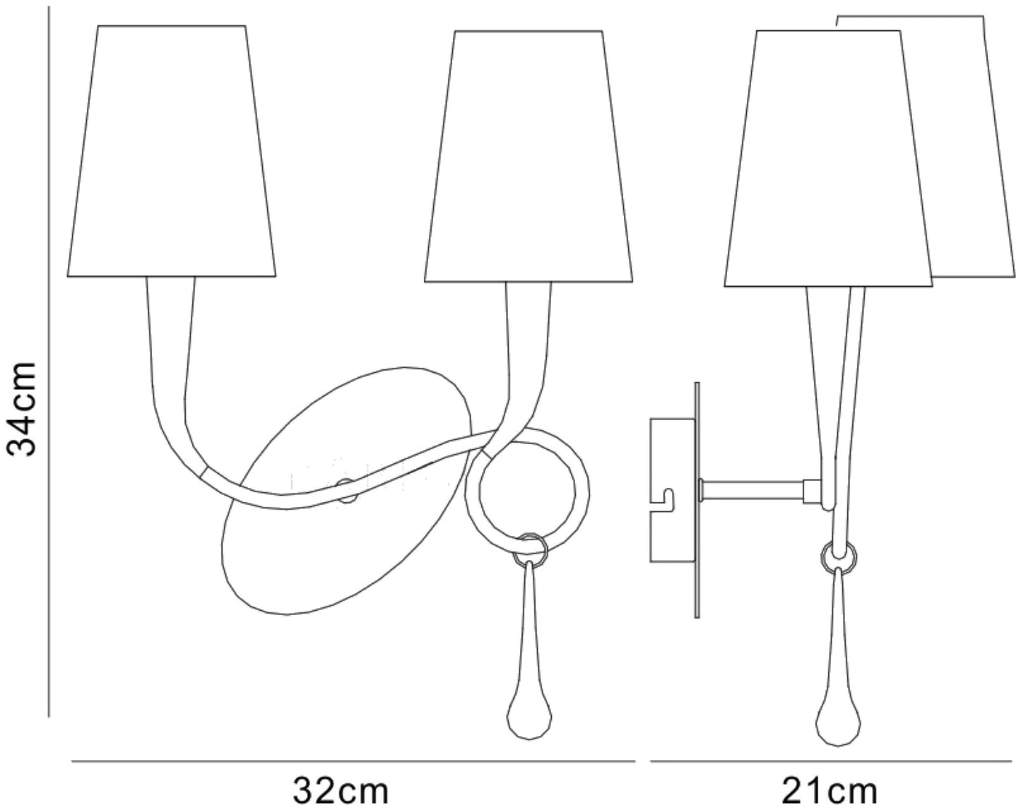 Paola Wall Lamp 2 Light E14, Silver Painted With Cream Shades & Black Glass Droplets by Mantra