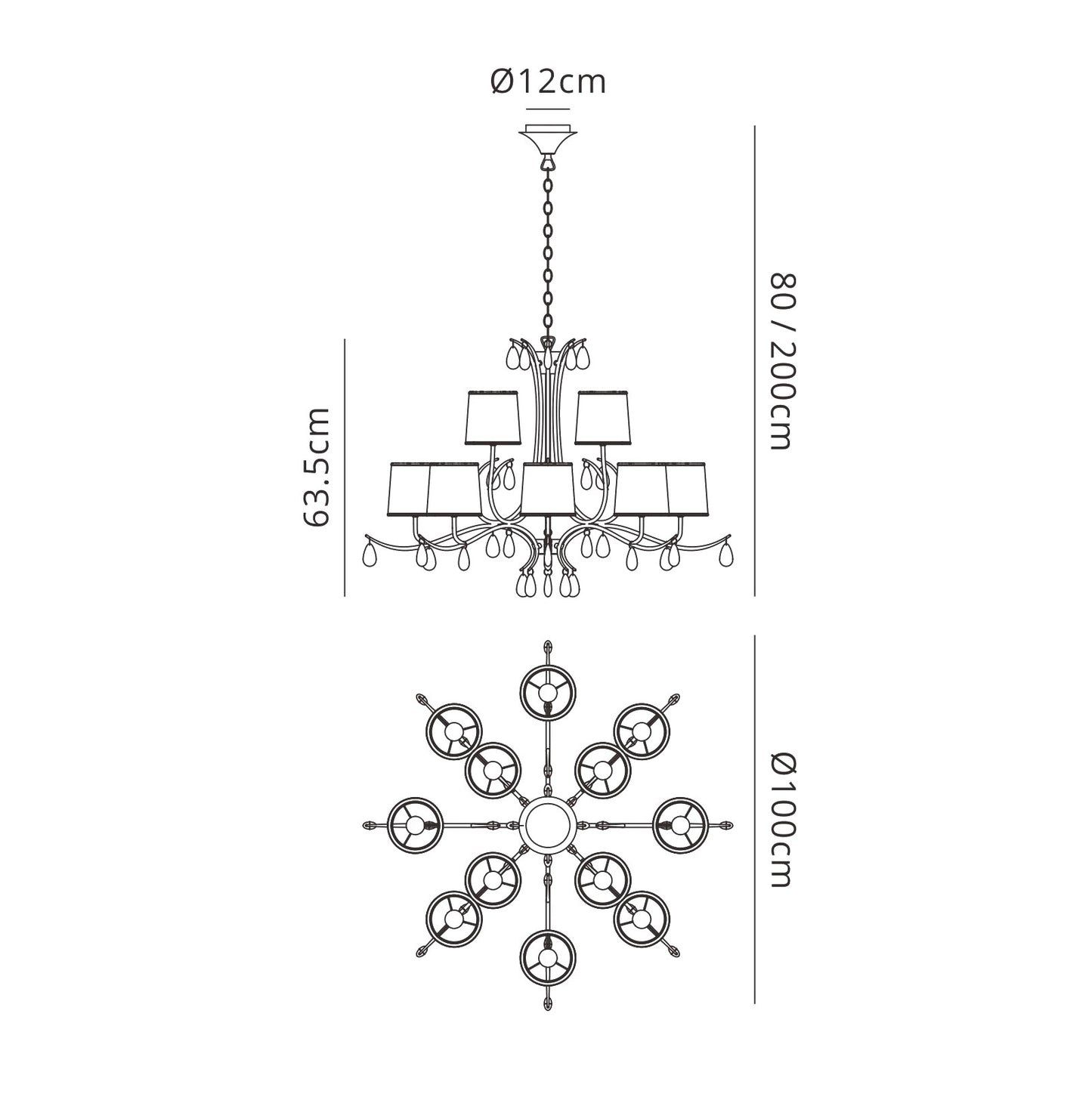 Andrea Pendant 100cm Round, 8+4 x E14 (Max 20W), Polished Chrome, White Shades, Black Crystal Droplets by Mantra