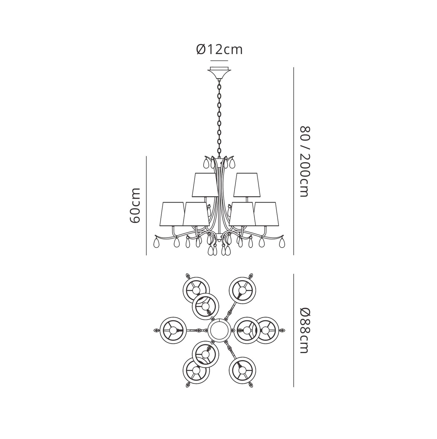 Andrea Pendant 88cm Round, 6+3 x E14 (Max 20W), Polished Chrome, White Shades, Black Crystal Droplets by Mantra