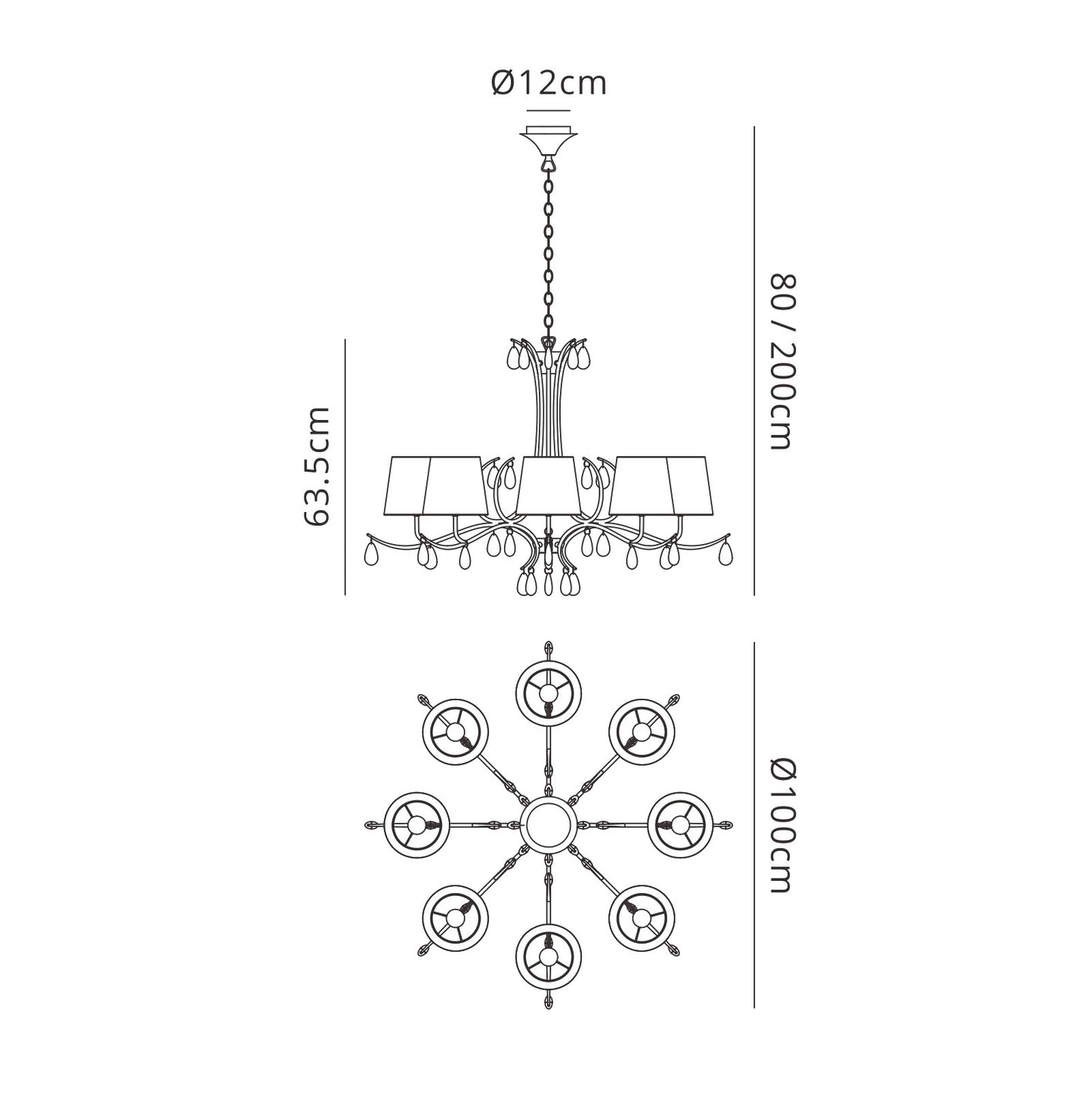 Andrea Pendant 100cm Round, 8 x E14 (Max 20W), Polished Chrome, White Shades, Black Crystal Droplets by Mantra