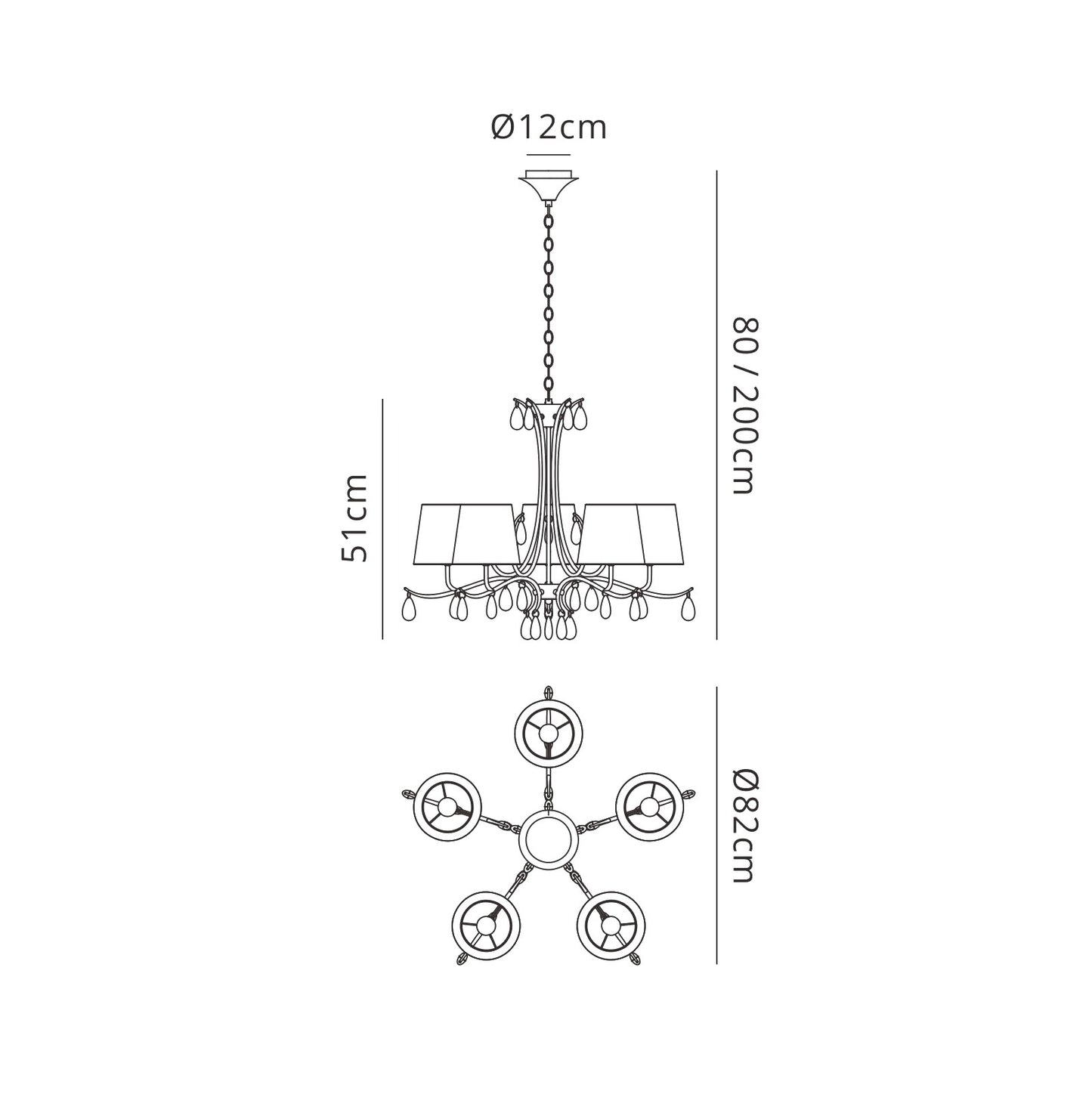 Andrea Pendant 81.5cm Round, 5 x E14 (Max 20W), Polished Chrome, White Shades, Black Crystal Droplets by Mantra