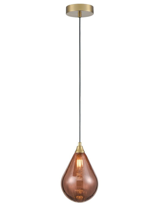Perry single pendant in aged brass with copper glass