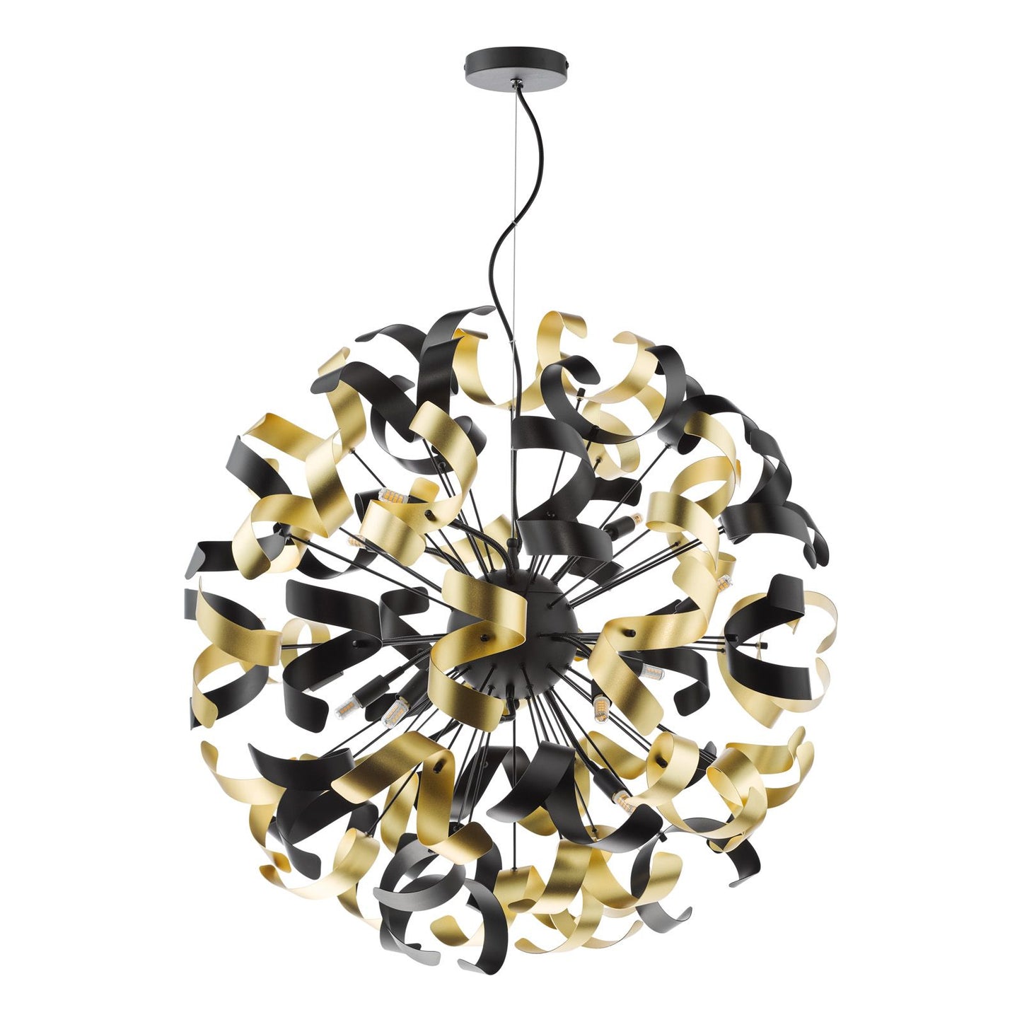 Swash 12 Light Pendant Black With Black & Gold Ribbons