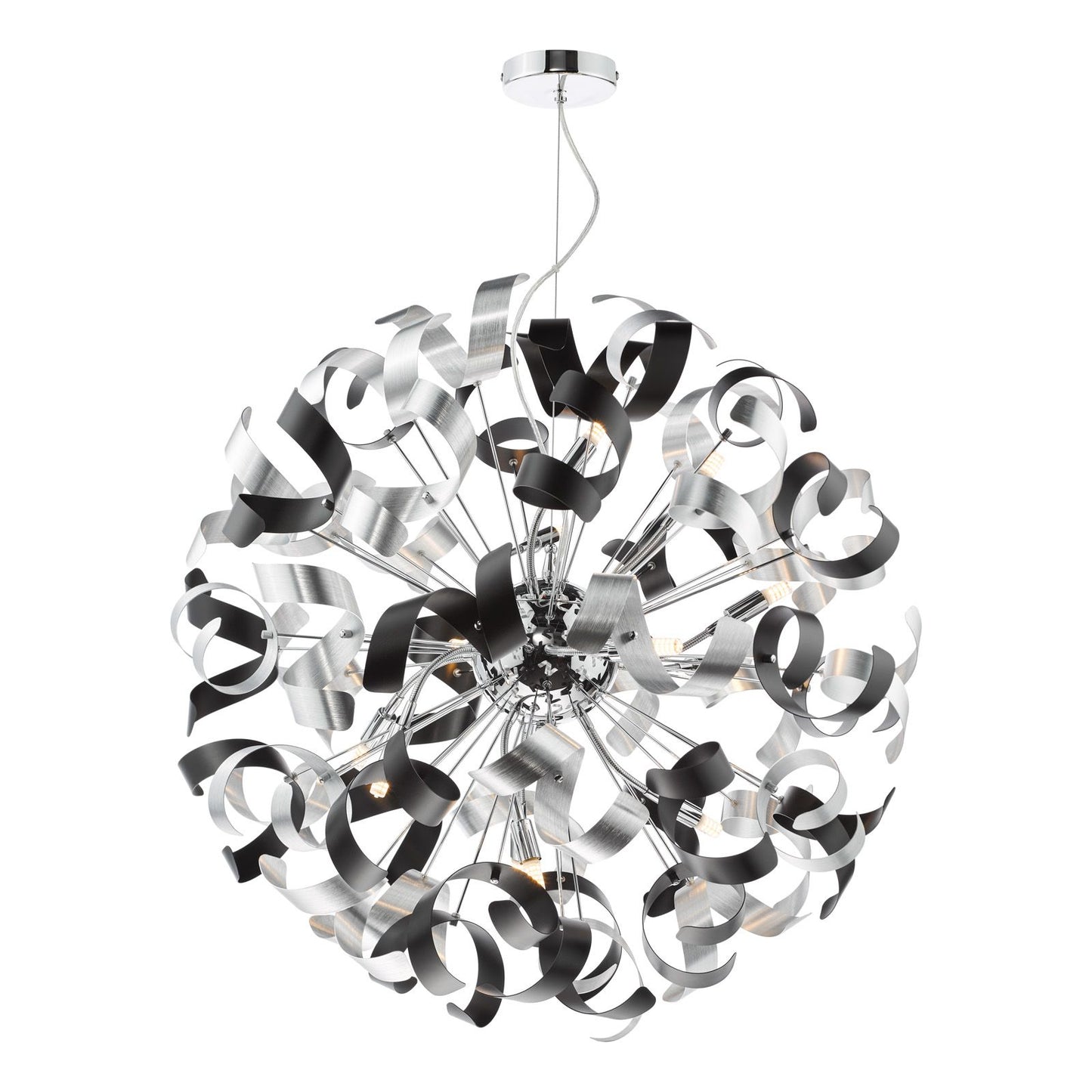 Swash 12 Light Pendant Polished Chrome With Black & Aluminium Ribbons