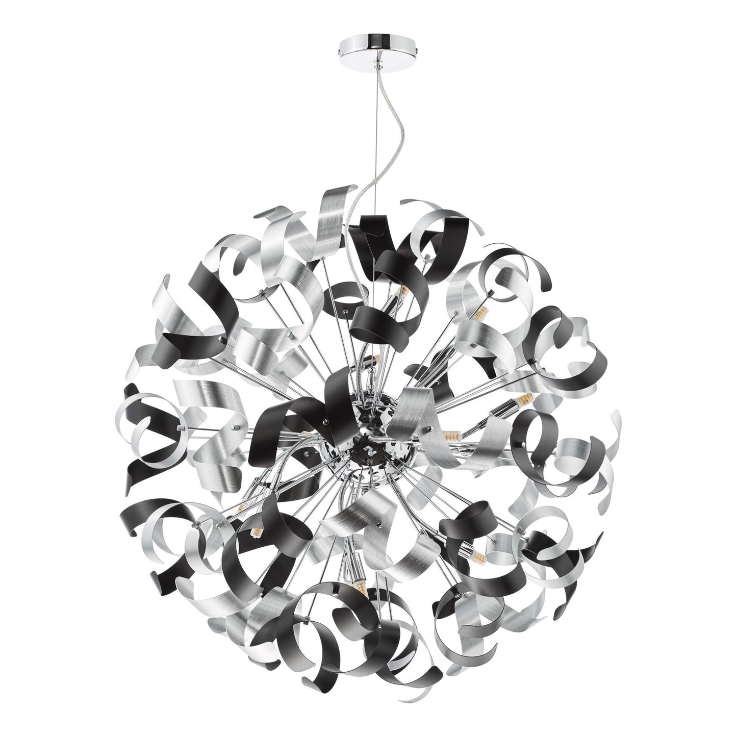 Swash 12 Light Pendant Polished Chrome With Black & Aluminium Ribbons
