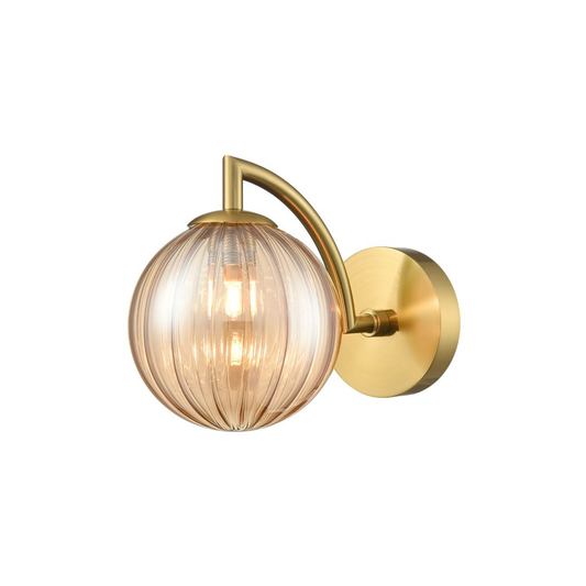 Aged Brass Wall Light with Amber Ribbed Glass Shade